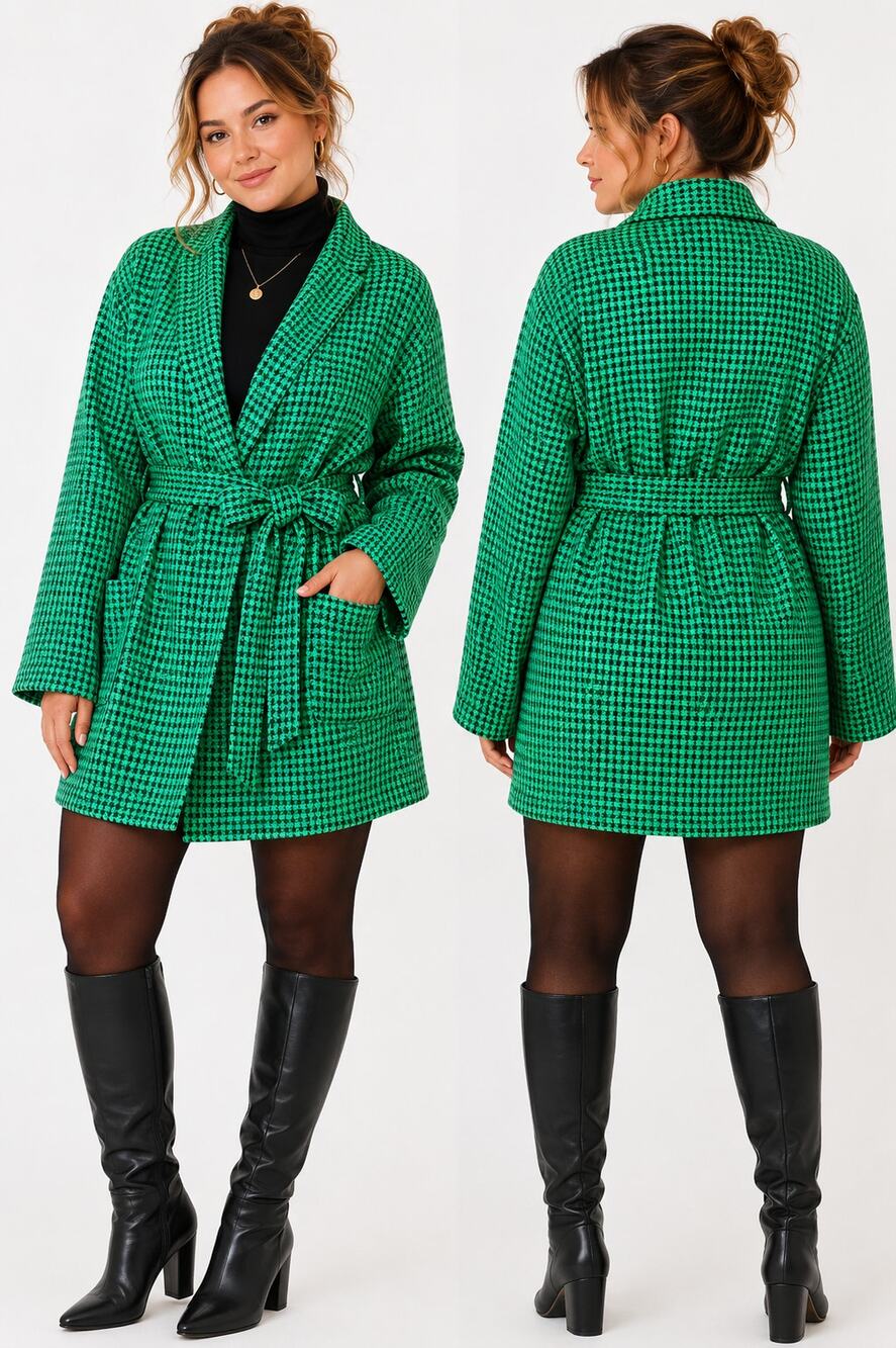 Vintage Emerald Green Houndstooth Belted Wrap Coat XL Oversized Pockets Academia